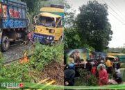 Laka-Lantas Dua Mobil Dump Truck Adu Banteng Akibat Curah Hujan dan Jalan Licin