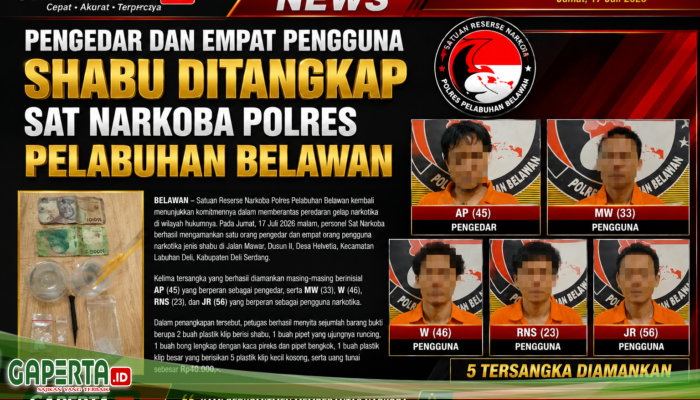 Sat Narkoba Polres Pelabuhan Belawan Tangkap 1 Pengedar dan 4 Pengguna Shabu di Labuhan Deli