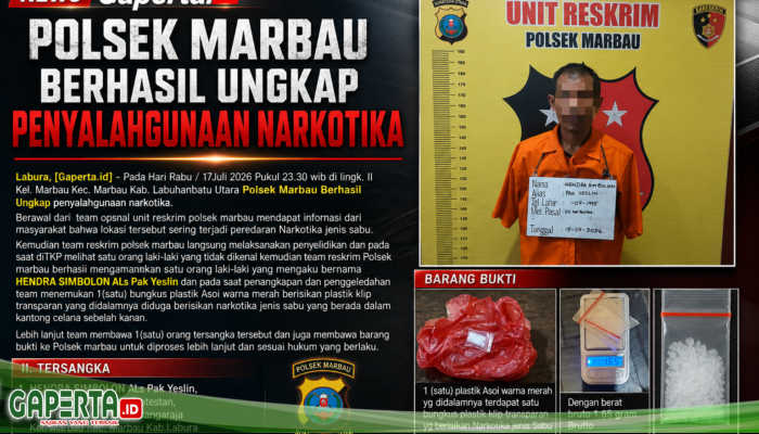 Polsek Marbau Berhasil Ungkap Kasus Penyalahgunaan Narkotika di lingk. II Kelurahan Marbau