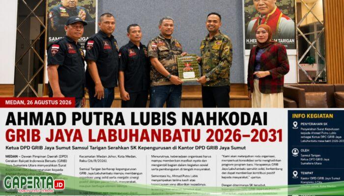 “Amanah Baru GRIB Jaya Labuhanbatu, Ahmad Putra Lubis Terima SK dari Samsul Tarigan”.