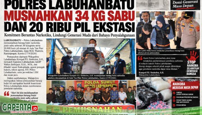 Pemusnahan Besar Barang Bukti Narkotika, 34 Kg Sabu dan 20 Ribu Ekstasi Dimusnahkan di Polres Labuhanbatu