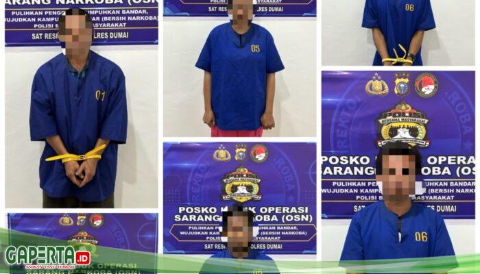 Polres Dumai Bersama Tim Gabungan Gelar Razia Sarang Narkoba, Enam Orang Positif Metamfetamina Diamankan